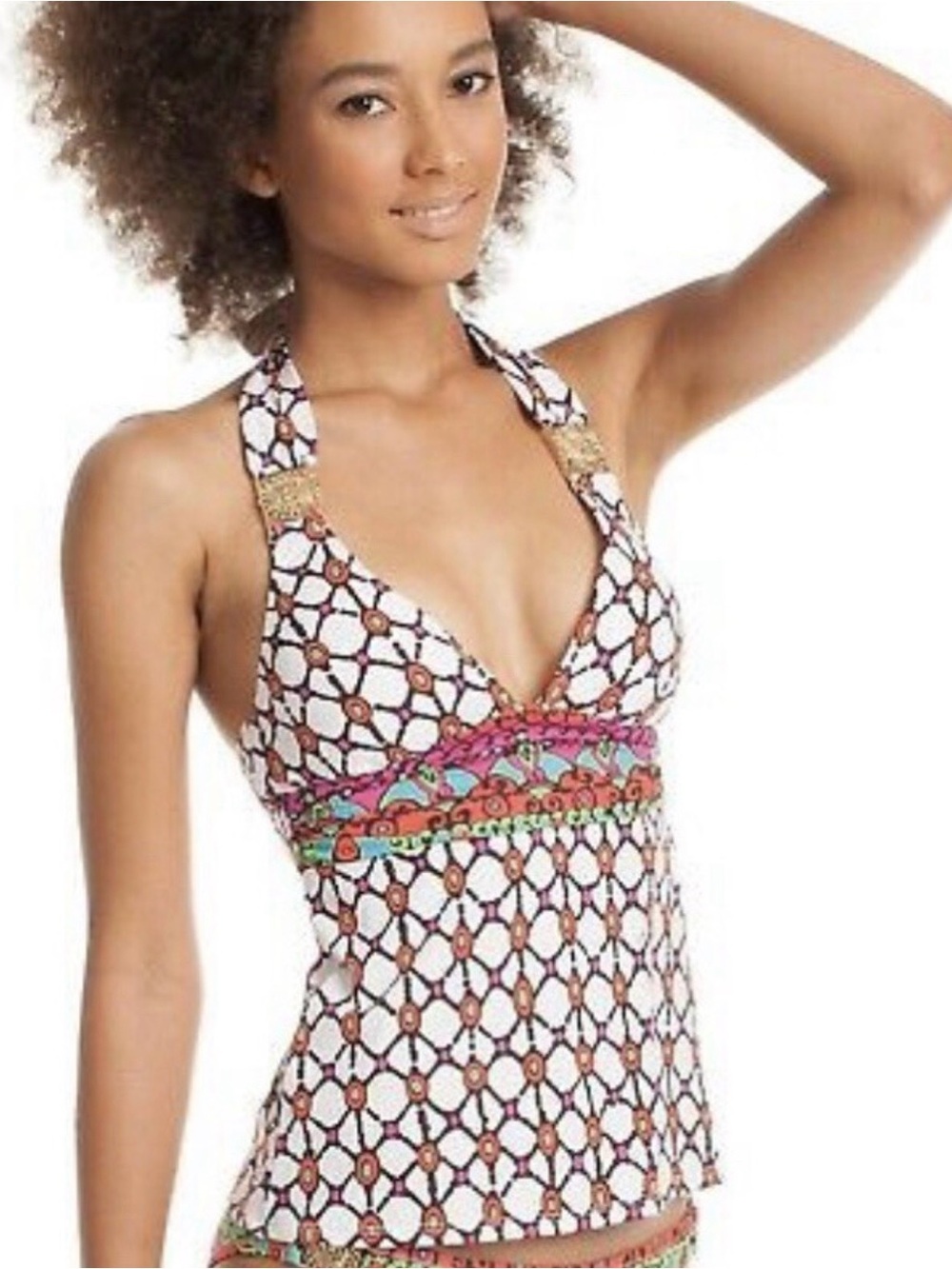 Trina Turk Venice Beach Halter Tie Neck Tankini Geometric Print Gold Hardware